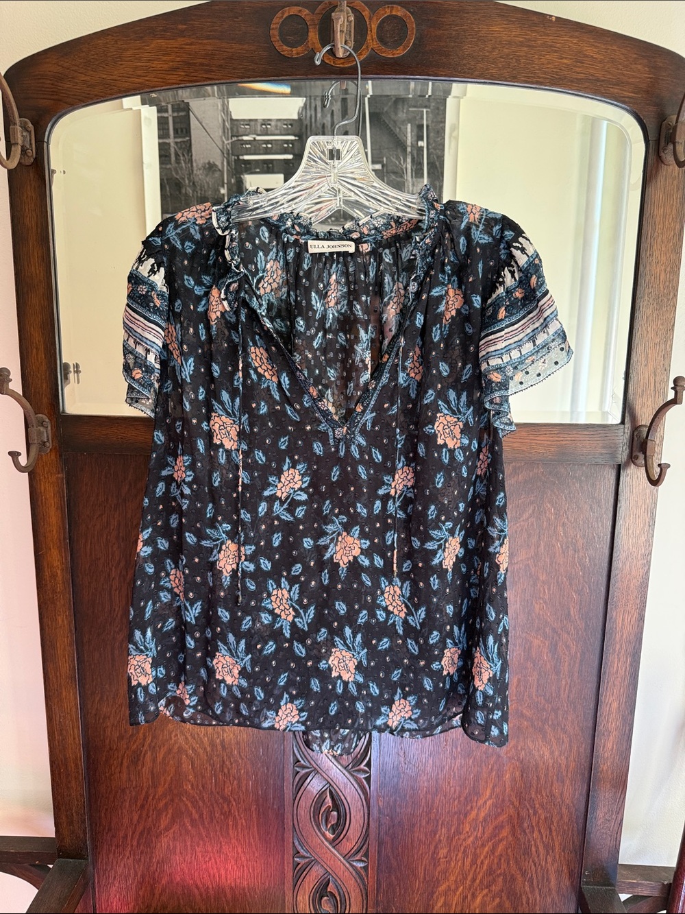 ULLA JOHNSON "Elise" Silk Blend Blouse SZ 6 Swiss Dot Floral Print BOHO